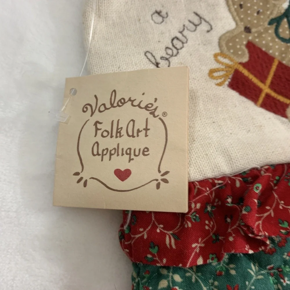 Vtg Valorie's Folk Art Appliqué Red Green Christmas Stockings & Angel Hand Towel